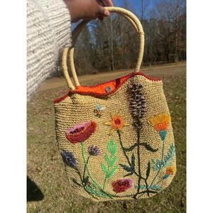 Petro Zillia Vintage Floral Embroidered Straw beaded Tote Bag Womens